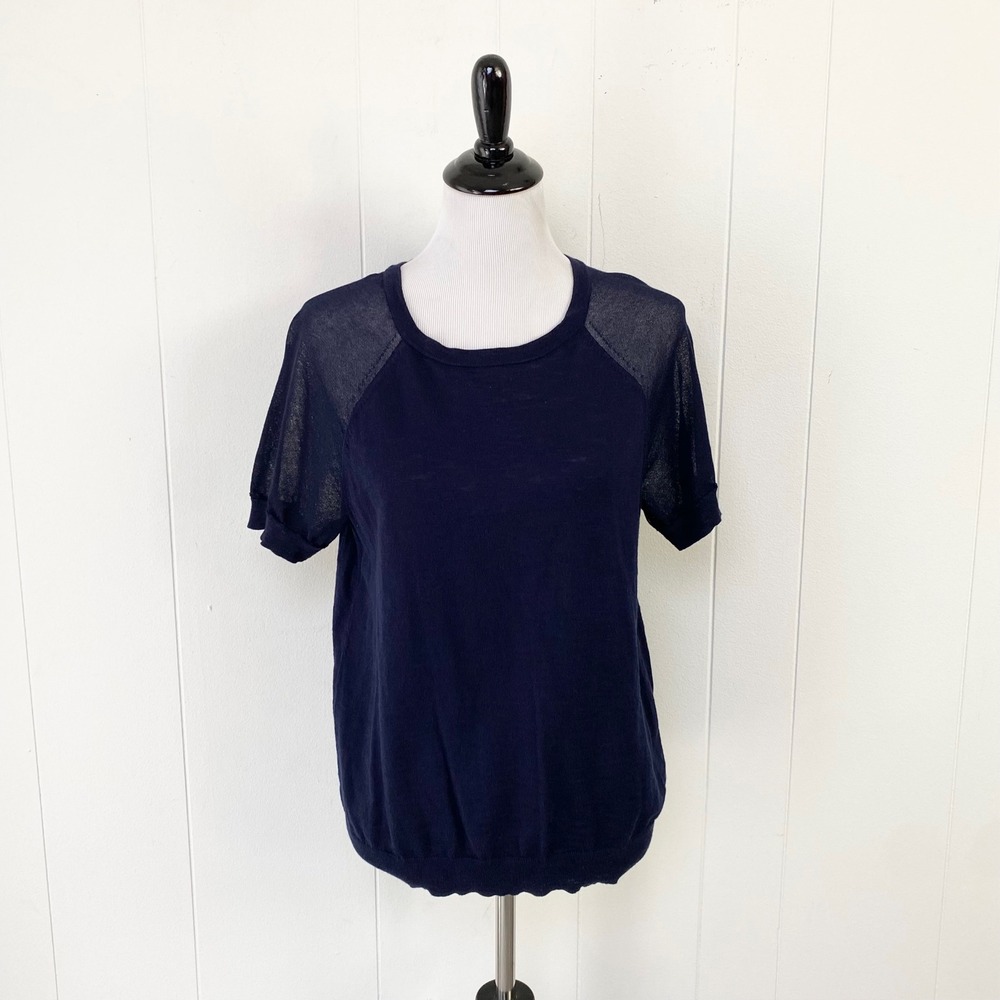 J.Crew Navy Blue Sheer Raglan Sleeve Knit Top Size Small Cotton Classic Capsule